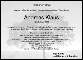 Traueranzeige von Andreas Klaus von Neue Presse Coburg