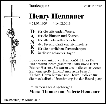 Traueranzeige von Henry Hennauer von Frankenpost