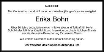 Traueranzeige von Erika Bohn von Frankenpost