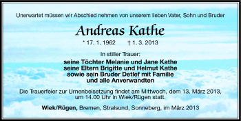 Traueranzeige von Andreas Kathe von Südthüringer Presse