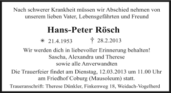 Traueranzeige von Hans-Peter Rösch von Neue Presse Coburg
