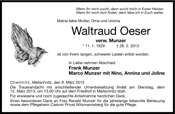 Traueranzeige von Waltraud Oeser von Neue Presse Coburg