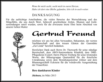 Traueranzeige von Gertrud Freund von Südthüringer Presse