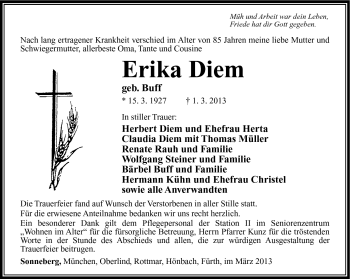 Traueranzeige von Erika Diem von Südthüringer Presse
