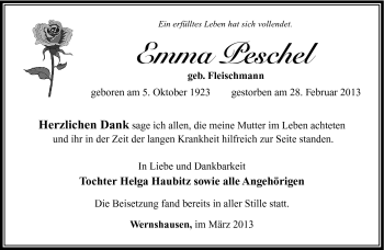 Traueranzeige von Emma Peschel von Südthüringer Presse