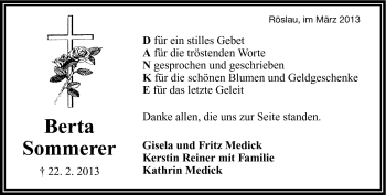 Traueranzeige von Berta Sommerer von Frankenpost