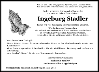 Traueranzeige von Ingeburg Stadler von Südthüringer Presse