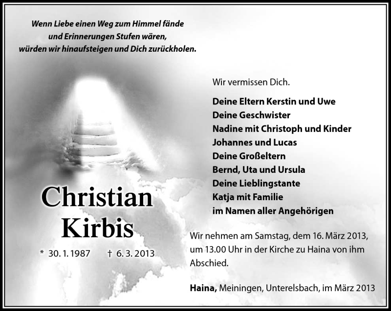  Traueranzeige für Christian Kirbis vom 12.03.2013 aus Südthüringer Presse