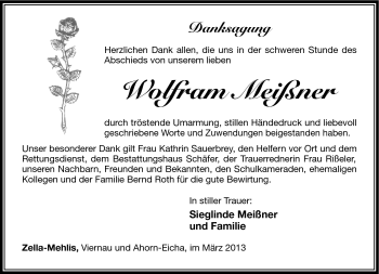 Traueranzeige von Wolfram Meißner von Südthüringer Presse