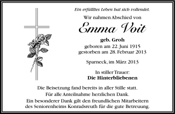 Traueranzeige von Emma Voit von Frankenpost