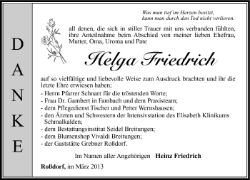 Traueranzeige von Helga Friedrich von Südthüringer Presse