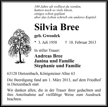 Traueranzeige von Silvia Bree von Südthüringer Presse
