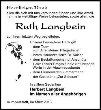 Traueranzeige von Ruth Langbein von Südthüringer Presse