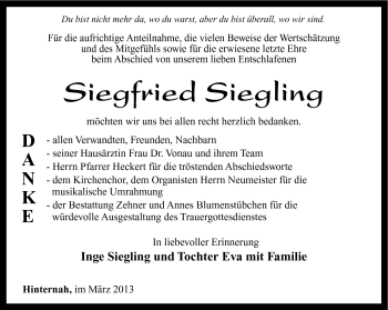 Traueranzeige von Siegfried Siegling von Südthüringer Presse