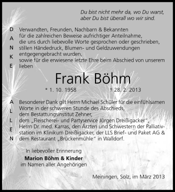 Traueranzeige von Frank Böhm von Südthüringer Presse