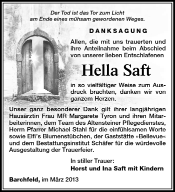 Traueranzeige von Hella Saft von Südthüringer Presse