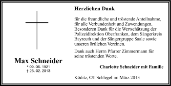 Traueranzeige von Max Schneider von Frankenpost