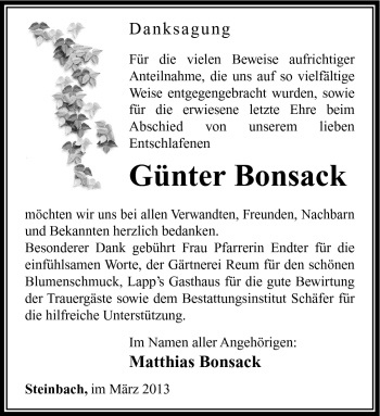 Traueranzeige von Günter Bonsack von Südthüringer Presse