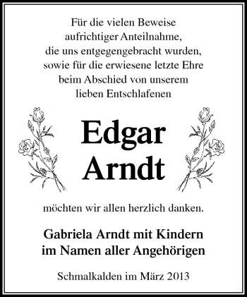 Traueranzeige von Edgar Arndt von Südthüringer Presse