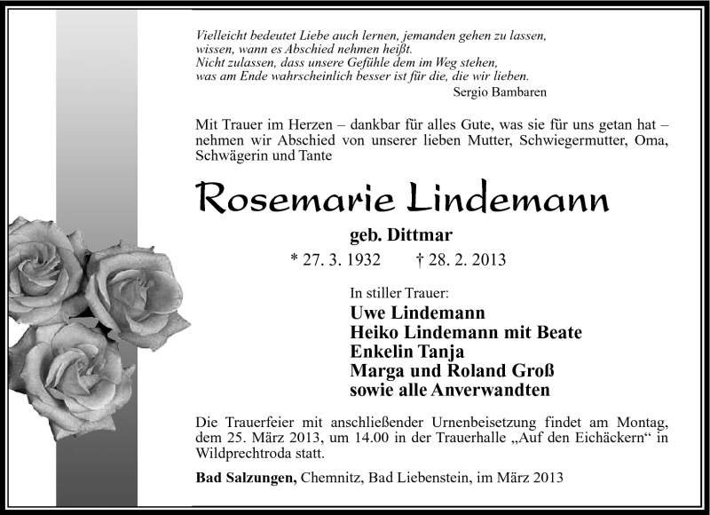  Traueranzeige für Rosemarie Lindemann vom 20.03.2013 aus Südthüringer Presse