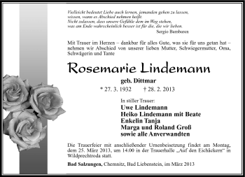 Traueranzeige von Rosemarie Lindemann von Südthüringer Presse