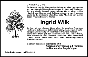 Traueranzeige von Ingrid Wilk von Südthüringer Presse