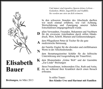 Traueranzeige von Elisabeth Bauer von Südthüringer Presse