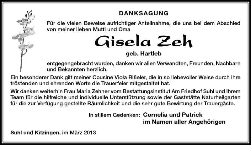  Traueranzeige für Gisela Zeh vom 16.03.2013 aus Südthüringer Presse