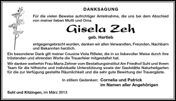 Traueranzeige von Gisela Zeh von Südthüringer Presse