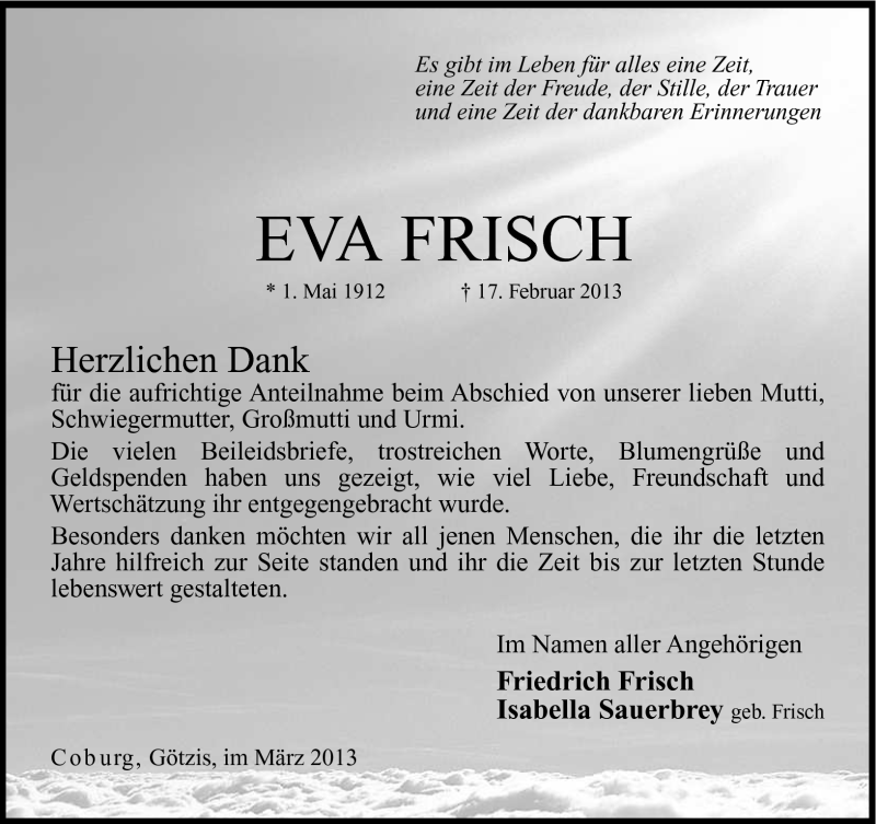  Traueranzeige für Eva Frisch vom 16.03.2013 aus Neue Presse Coburg