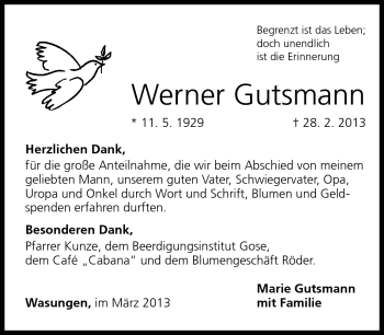 Traueranzeige von Werner Gutsmann von Südthüringer Presse