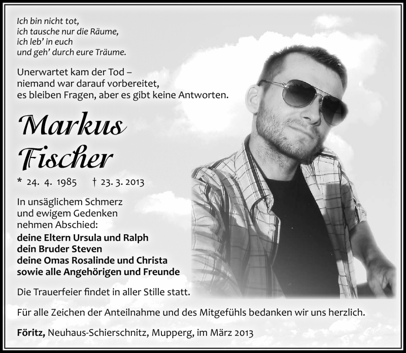  Traueranzeige für Markus Fischer vom 30.03.2013 aus Südthüringer Presse