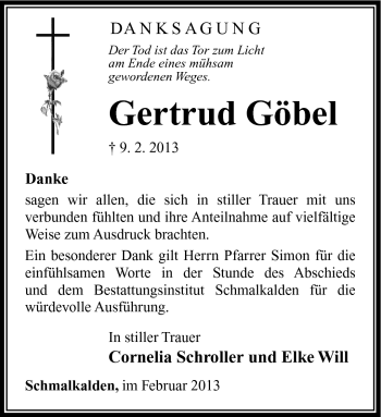 Traueranzeige von Gertrud Göbel von Südthüringer Presse