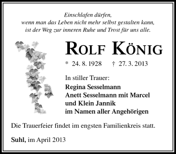 Traueranzeige von Rolf König von Südthüringer Presse