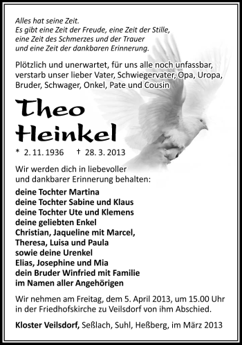 Traueranzeige von Theo Heinkel von Südthüringer Presse