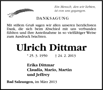 Traueranzeige von Ulrich Dittmar von Südthüringer Presse