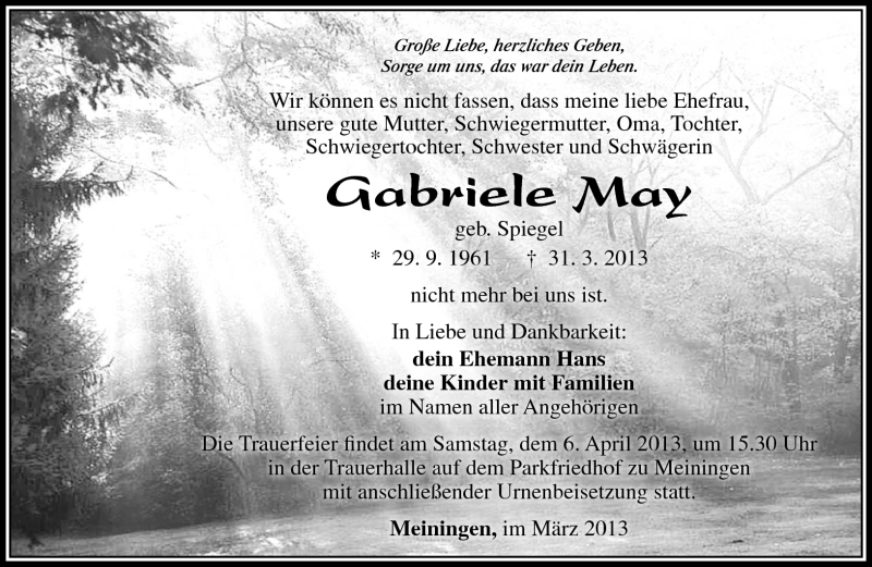  Traueranzeige für Gabriele May vom 04.04.2013 aus Südthüringer Presse