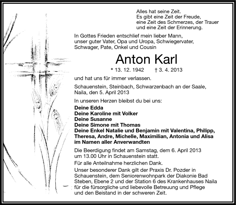  Traueranzeige für Anton Karl vom 05.04.2013 aus Frankenpost
