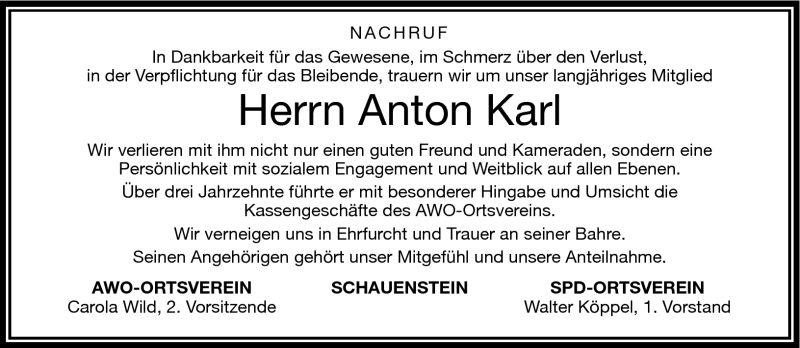  Traueranzeige für Anton Karl vom 05.04.2013 aus Frankenpost