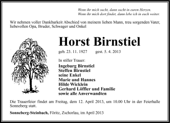 Traueranzeige von Horst Birnstiel von Südthüringer Presse