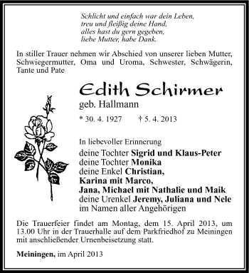 Traueranzeige von Edith Schirmer von Südthüringer Presse