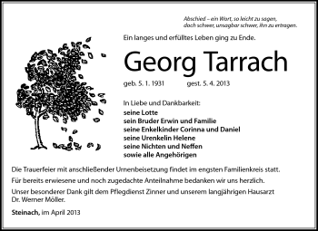 Traueranzeige von Georg Tarrach von Südthüringer Presse