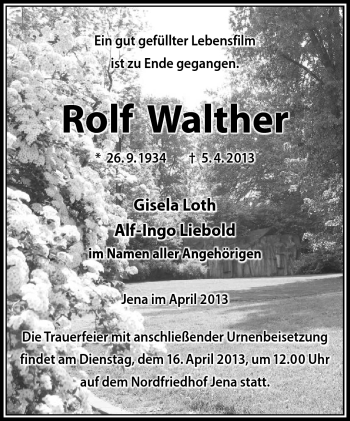 Traueranzeige von Rolf Walther von Südthüringer Presse
