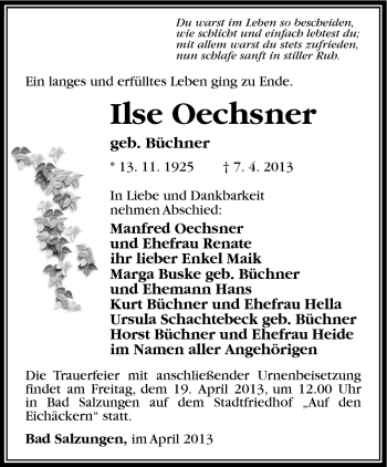Traueranzeige von Ilse Oechsner von Südthüringer Presse