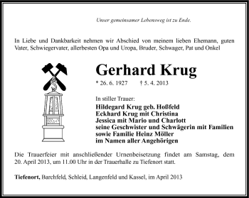 Traueranzeige von Gerhard Krug von Südthüringer Presse