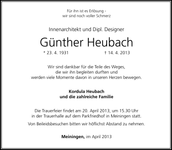 Traueranzeige von Günther Heubach von Südthüringer Presse