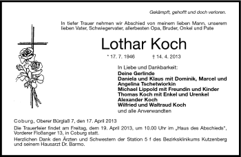 Traueranzeige von Lothar Koch von Neue Presse Coburg