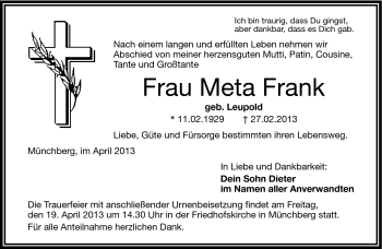 Traueranzeige von Meta Frank von Frankenpost