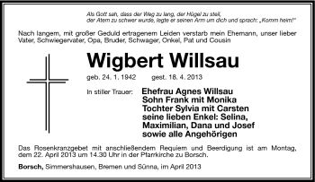 Traueranzeige von Wigbert Willsau von Südthüringer Presse