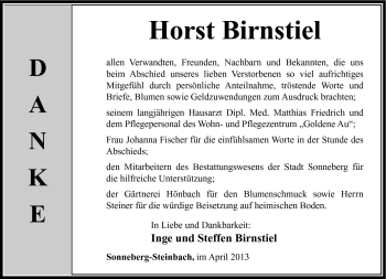 Traueranzeige von Horst Birnstiel von Südthüringer Presse